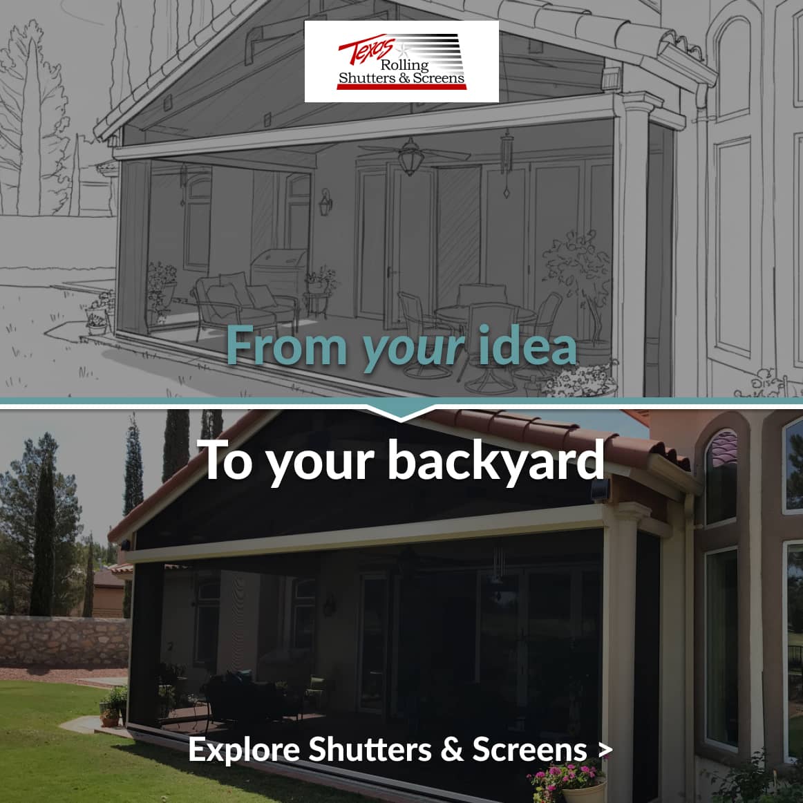 Texas Rolling Shutters & Screens — Facebook Ad Design Before-and-after patio shutters Facebook ad design example